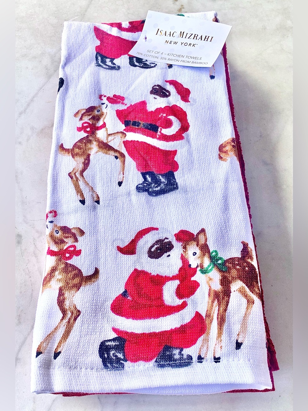 ISAAC MIZRAHI NEW YORK SANTA Red & White Holiday Kitchen Towel Set OF 4   NEW